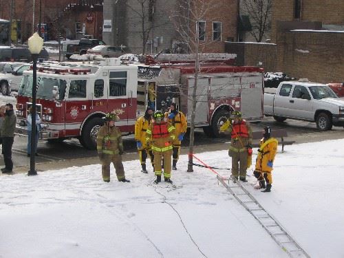 Firefighters preparing to enter the ice