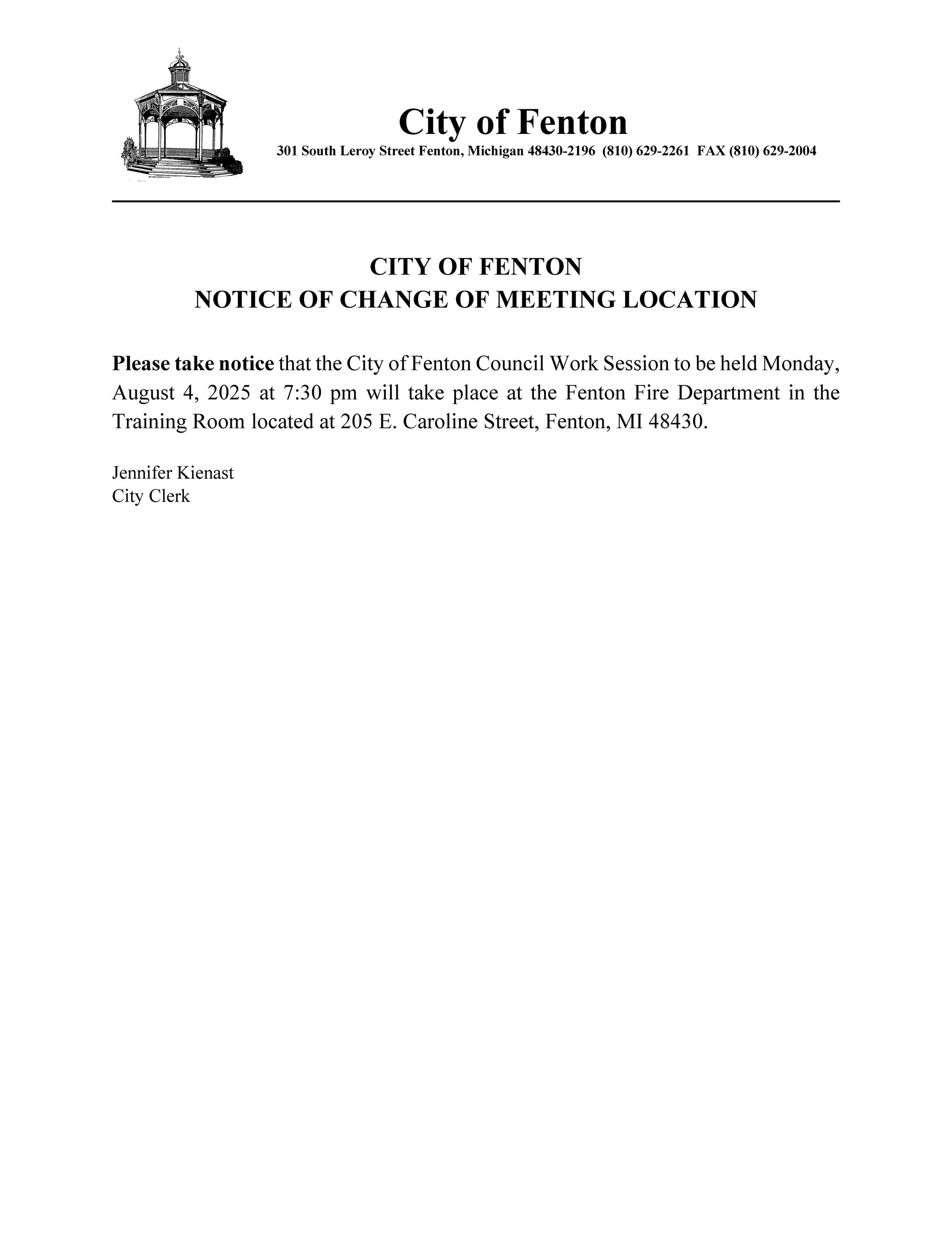 Notice of Change of Meeting Location for 8.4.2025 Work Session